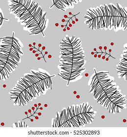 Seamless pattern with Christmas tree branch and red berries on a gray background. Vector illustration.
