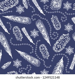 Seamless pattern christmas tree branches, snowflakes, hand drawn elements, vector illustration
