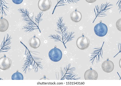 Seamless pattern with Christmas tree branches, snowflakes and silver blue balls on gray background. For festive season design, textile, print, wallpapers, greeting cards, invitation, posters. Vectorю