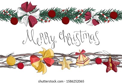 
Seamless pattern with Christmas tree branches, toys and bows on a white isolated background. Lettering Merry Christmas.