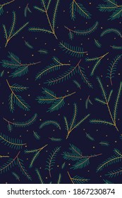 Seamless pattern with Christmas tree branches. Surface design for textile, fabric, wallpaper, wrapping, giftwrap, paper, scrapbook and packaging. Winter seamless pattern with christmas trees.