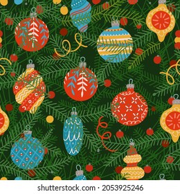 Seamless pattern of Christmas tree branches with festive glass balls. Close up view. Flat vector illustration.