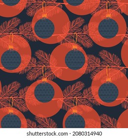 Seamless pattern with christmas tree branches with balls