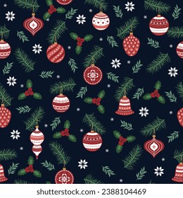 Seamless pattern of Christmas tree branches with festive glass balls.  Perfect for backgrounds, wrapping paper, scrapbooking, decor for greeting cards