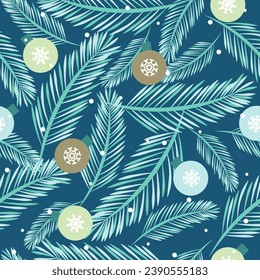 Seamless pattern of Christmas tree branches with festive glass balls.