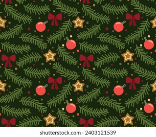 Seamless pattern with Christmas tree branches, Christmas decorations  and cookies. Vector cute background.