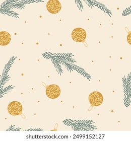 Seamless pattern with Christmas tree branches and Christmas ball