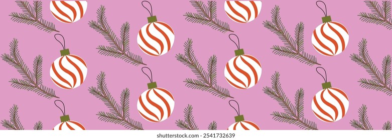 Seamless pattern of Christmas tree branches and New Year's balls. Vector illustration.