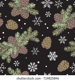 Seamless pattern Christmas tree branches with pine cones and snowflakes. New year hand drawn vector illustration for your design.