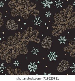 Seamless pattern Christmas tree branches with pine cones and snowflakes. New year hand drawn vector illustration for your design.