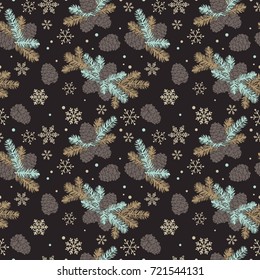 Seamless pattern Christmas tree branches with pine cones and snowflakes. New year hand drawn vector illustration for your design.