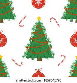 Seamless pattern with christmas tree and candies on white background.