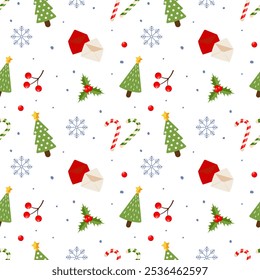 Seamless pattern with Christmas tree, candy cane, snowflakes, 
envelope, holly on white background. Merry Christmas and happy new year. Design for print, wrapping paper, textile, fabric, wallpaper