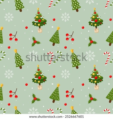 Seamless pattern with Christmas tree, candy cane, snowflakes, 
holly on green background. Merry Christmas and happy new year. Design for print, wrapping paper, textile, fabric, wallpaper