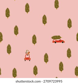 Patrón sin fisuras con árbol de Navidad y coches. Diseño de Nuevo año para tarjetas, tela, textiles y papel de embalaje.