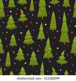 Seamless pattern with christmas tree in cartoon style, vector illustration on black background. Different green fir trees with balls and garlands used for magazine or book, poster and card, web pages.