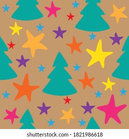 Seamless pattern with Christmas tree and colorful stars on beige background. For Christmas, New year celebrations.