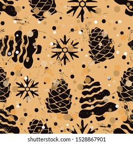 Seamless pattern with Christmas tree and cone with snow in old retro style. Christmas Repeated vintage pattern grunge design for wrapping paper, background. Craft paper imitation, winter forest