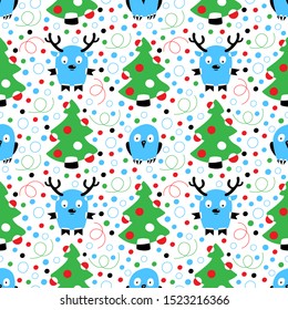 Seamless pattern of Christmas tree, confetti, red Christmas balls,  deer and owl on a white background. Collection of hand drawn cartoons. Vector illustration of winter symbols.
