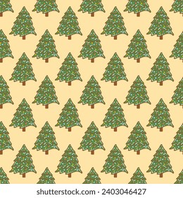 Patrón inmaculado con árbol de Navidad decorado con bolas. Doodle de ilustraciones vectoriales coloridas dibujadas a mano. Temporada festiva de invierno. Imprimir para envolver o tela, papel