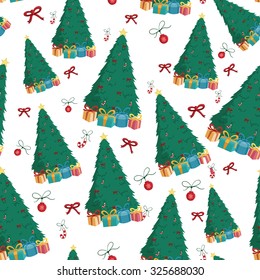 Seamless Pattern Christmas Tree With Decoration And Gift