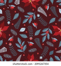 Seamless pattern with Christmas Tree Decorations, Pine Branches, poinsettia, berries.