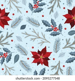 Seamless pattern with Christmas Tree Decorations, Pine Branches, poinsettia, berries.
