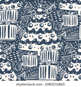 Seamless pattern with Christmas tree and decorations. Monochrome vector illustration.