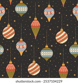 Modelo inconsútil con las decoraciones del árbol de navidad en un fondo oscuro. Ilustración vectorial estilo plano