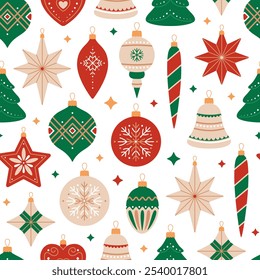 Seamless pattern with Christmas tree decorations of different shapes. Vintage holiday ornaments in red, green and beige colors on white background. Xmas toys print