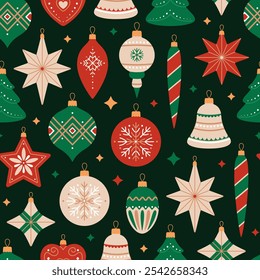 Seamless pattern with Christmas tree decorations of different shapes. Vintage holiday ornaments in red, green and beige colors on black background. Xmas toys print