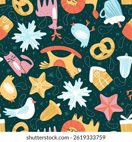 Seamless pattern with Christmas tree decorations. Pattern for decorating holiday items. Christmas tree decorations houses, birds, animals, star, cup of cocoa, snowflakes. Flat vector illustration
