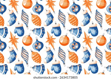 Seamless pattern with Christmas tree decorations in shape mitten, pine cone, star, bell. Vintage carton style holiday ornament on white background.