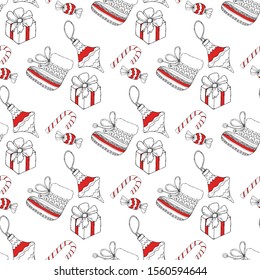 Seamless pattern with Christmas tree, decorative balls for tree, snowman,  bags, hats and mittens and sweets on the white background. Traditional New Year decoration. Symbol of Christmas.

