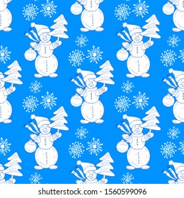Seamless pattern with Christmas tree, decorative balls for tree, snowman and snowflakes on the blue background. Traditional New Year decoration. Symbol of Christmas.