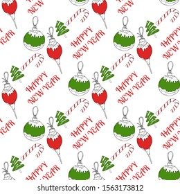 Seamless pattern with Christmas tree, decorative balls for tree, candy cones and sweets on the white background. Traditional New Year decoration. Symbol of Christmas.