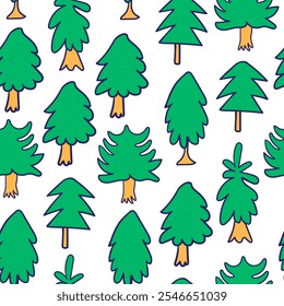 Seamless pattern with Christmas tree in doodle style in vector on dark background. Element for decoration postcards poster print background backdrop wrapping wallpaper banner