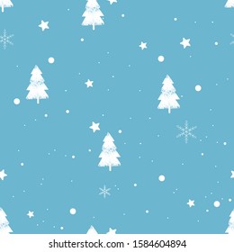 Seamless pattern with Christmas tree, falling snow and star on blue background vector illustration. Flat design.