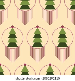 Seamless pattern with christmas tree. Festive background with christmas decorations in pastel color. Design for cute wrapper paper, wallpapers, fabric, packing. Vector illustration