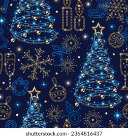 Seamless pattern with christmas tree, festive garland, blue lights, stars, sparkles, snowflakes made of jewelry gold chains. Outline icon of chrystmas symbols behind.