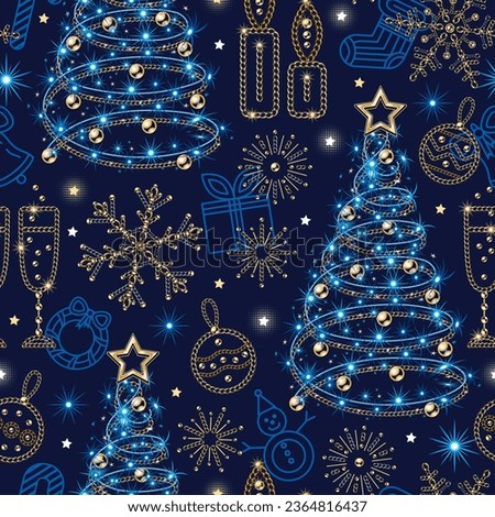 Seamless pattern with christmas tree, festive garland, blue lights, stars, sparkles, snowflakes made of jewelry gold chains. Outline icon of chrystmas symbols behind.