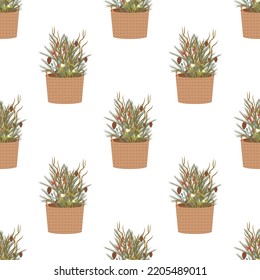Seamless pattern with Christmas tree. Fir branches in a basket. Christmas pattern. Vector pattern.