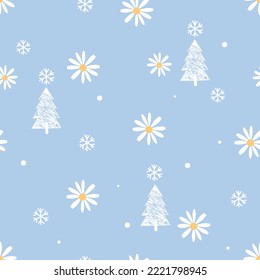 Seamless pattern with Christmas tree, flower and snowflakes on blue background vector illustration.  