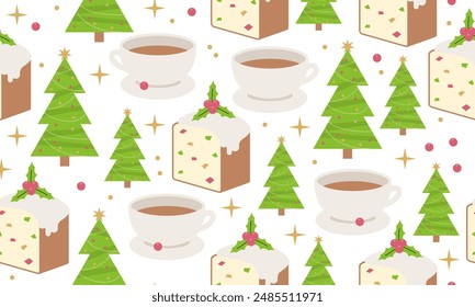 Seamless pattern with Christmas tree and fruitcake, cup of cacao Drink. Vector illustration. Seamless pattern with decorated Christmas trees, sweets. Traditional Christmas cake with fruits and nuts