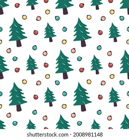 Seamless pattern with Christmas tree and garland balls. Festive print for new year and winter holidays, textiles, wrapping paper and design