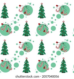 seamless pattern of christmas tree, garland and christmas candy canes