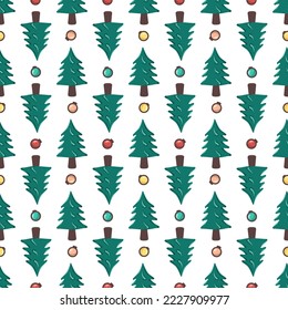 Patrón sin problemas con el árbol de Navidad y las bolas de tierra. Impresión festiva para vacaciones de año nuevo e invierno, textiles, papel de embalaje y diseño.Ilustración plana vectorial