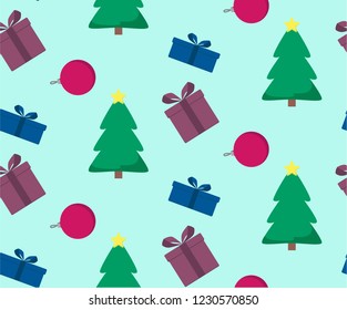 Seamless pattern of Christmas tree with gift boxes and balls