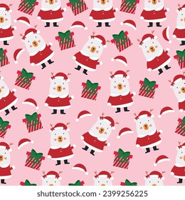 Seamless pattern with christmas tree, gift box, sata claus