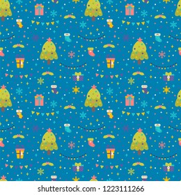 Seamless pattern with Christmas tree, gifts and garlands. Cute background with colorful design elements. Winter holidays. Happy New Year. Vector illustration